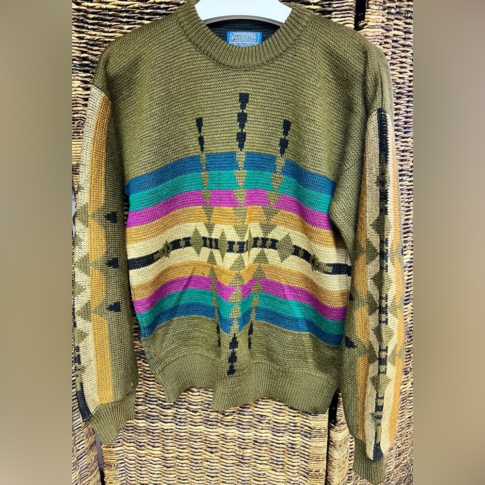Pendleton- Mens Tan/Olive Multicolor Crewneck‎ Sweater- Medium